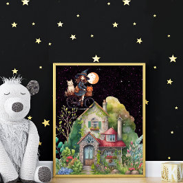 Póster Bruja Pequeña y Gata Con Una Casa Feliz 