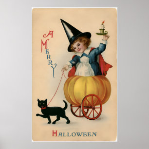 Póster Bruja pura en la tarjeta de Halloween de calabaza