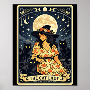 Póster Bruja Señora Gatos Luna Gatos Negros Halloween Mag