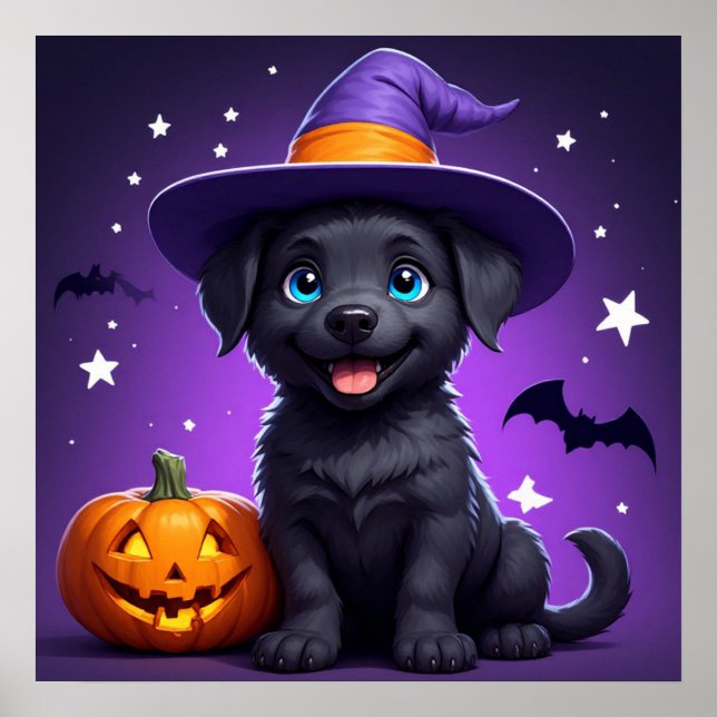 Póster Bruja sombrero cachorro lindo Halloween 🐶 (Frente)