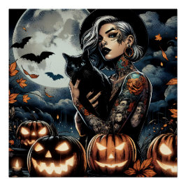 Póster Bruja tatuada con gato negro y luna llena