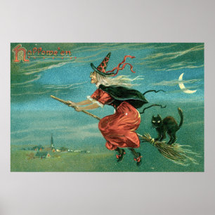 Póster Bruja vintage de Halloween con gato negro