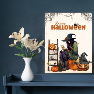 Póster Bruja Vintage Tarot Calabaza Espeluznante Hallowee