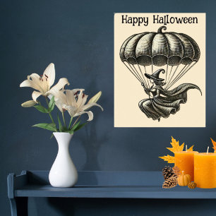 Póster Bruja Vintage y Paracaídas de Calabaza Halloween