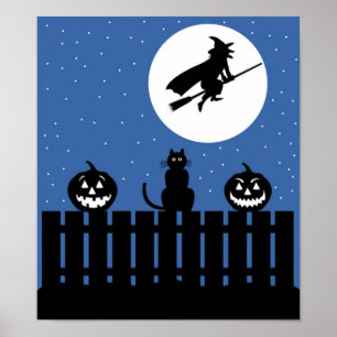 Póster Bruja voladora, calabazas, gato contemporáneo
