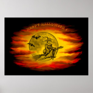 Póster Bruja voladora con gato negro, noche de halloween