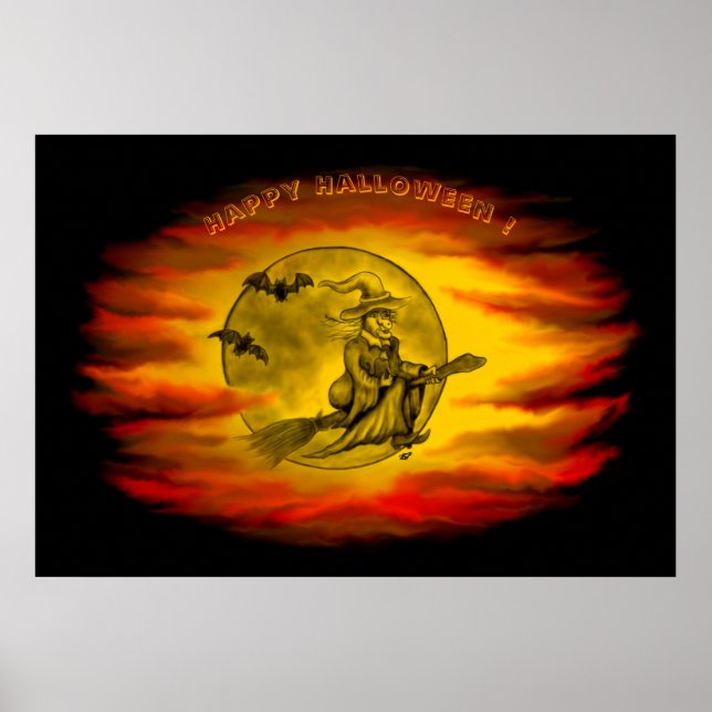 Póster Bruja voladora con gato negro, noche de halloween (Frente)