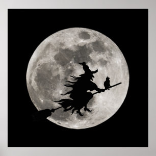 Póster Bruja voladora con una luna brillante detrás de el