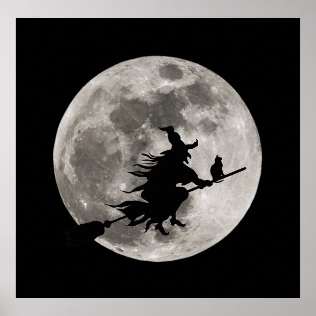 Póster Bruja voladora con una luna brillante detrás de el (Frente)