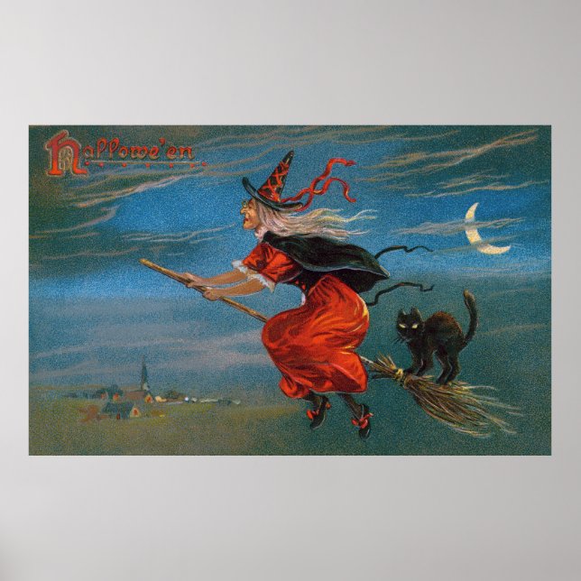 Póster Bruja volando con gato negro en la noche de Hallow (Frente)