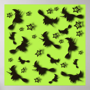 Póster Bruja volando entre estrellas en la noche de Hallo