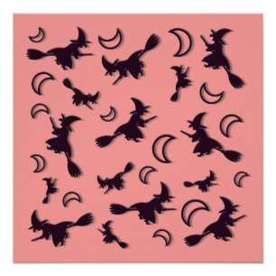 Póster Bruja volando entre media luna en la noche de Hall