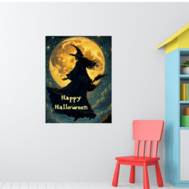 Póster Bruja volando sobre la luna llena Poster de Hallow
