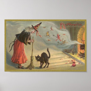 Póster Bruja Wintage Halloween, gato