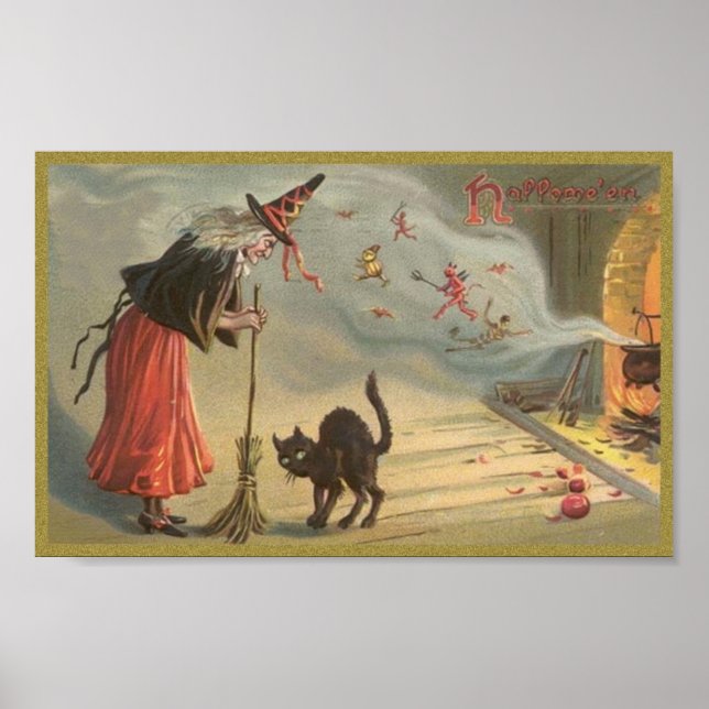 Póster Bruja Wintage Halloween, gato (Frente)