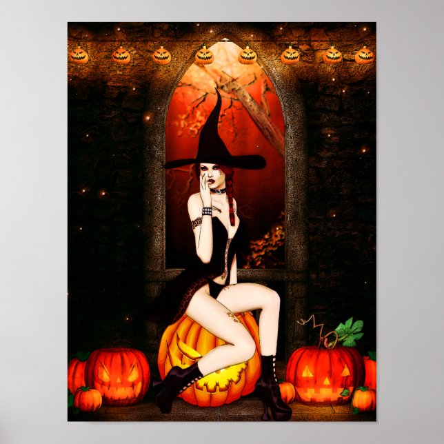 Póster Bruja y calabazas de Halloween (Frente)