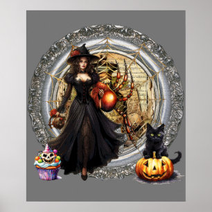 Póster Bruja Y Gato De Halloween