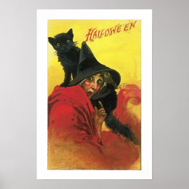 Póster Bruja y gato de Halloween vintage (Frente)