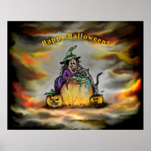 Póster Bruja y gato negro, ¡Feliz Halloween!