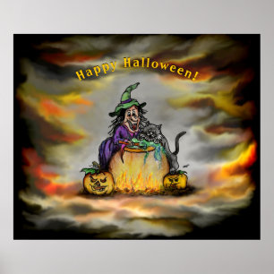Póster Bruja y gato negro, ¡Feliz Halloween!