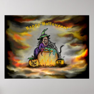 Póster Bruja y gato negro, ¡Feliz Halloween!