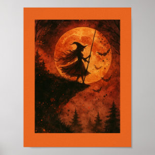 Póster Bruja y luna acantilado   Halloween fantasmal