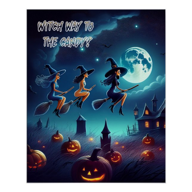 Póster Brujas de Halloween aterradoras camino a la fiesta (Anverso)