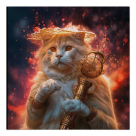 Póster Brujo Gato Con Bastón Mágico En Medio De Llamas