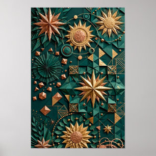 Póster Brújula Celestial de Cobre Esmeralda - Oro 3D