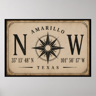 Póster Brújula de Coordenadas de Amarillo Texas Vintage