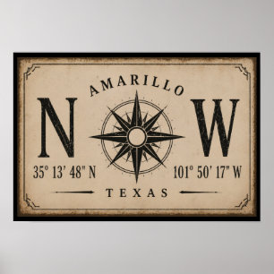 Póster Brújula de Coordenadas de Amarillo Texas Vintage