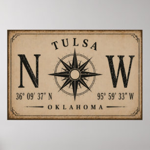 Póster Brújula de Coordenadas Vintage Tulsa Oklahoma