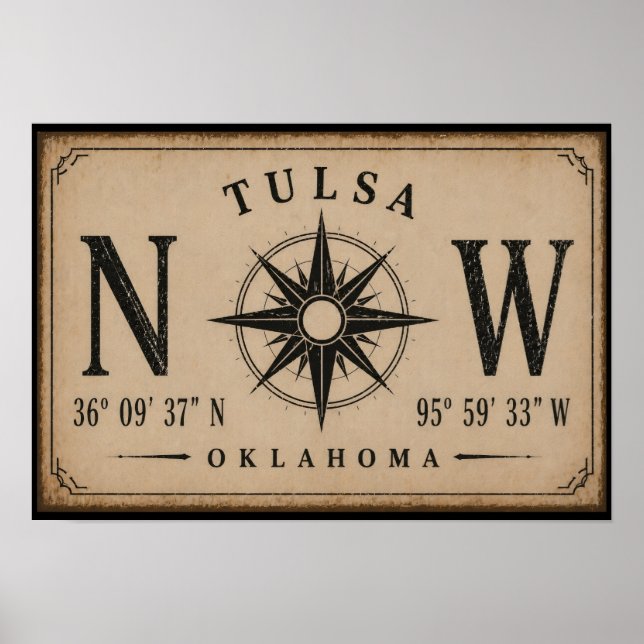 Póster Brújula de Coordenadas Vintage Tulsa Oklahoma (Frente)