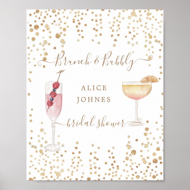 Póster brunch de novia purpurina de oro de cócteles burbu (Frente)