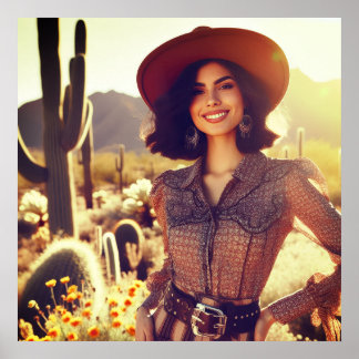 Póster Brunette Cowgirl in Cowboy Hat in the Desert