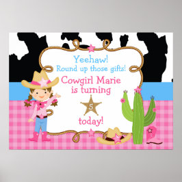 Póster Brunette Cowgirl Western Birthday Poster