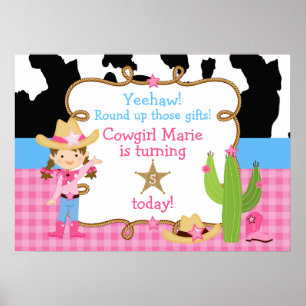 Póster Brunette Cowgirl Western Birthday Poster