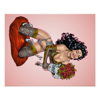 Póster Brunette en lencería con Ilustracion de Rosas