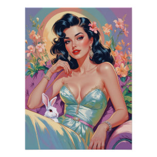 Póster Brunette Pin-Up con Conejo de Pascua