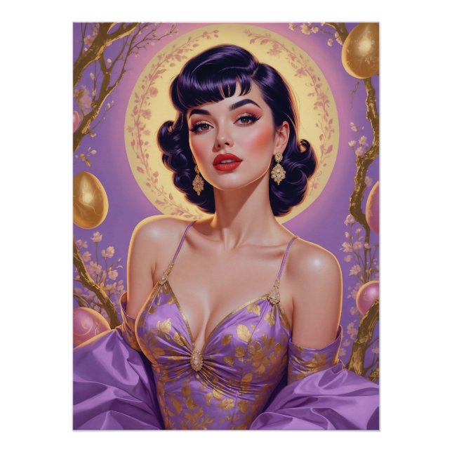 Póster Brunette Pin Up Easter Eggs Gold y Purple (Anverso)