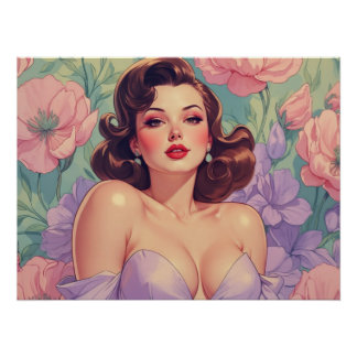 Póster Brunette Pin Up Pastel Flowers