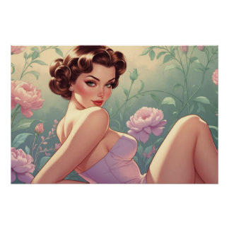 Póster Brunette Pin Up Pastel Flowers