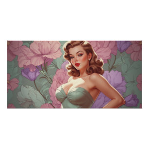 Póster Brunette Pin Up Pastel Flowers