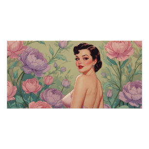 Póster Brunette Pin Up Pastel Flowers