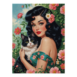 Póster Brunette Pin-Up sosteniendo un gato lindo