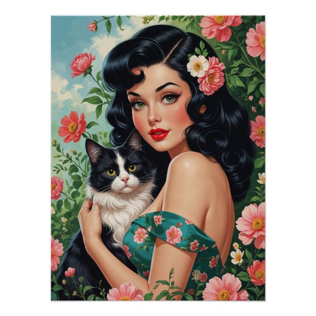 Póster Brunette Pin-Up sosteniendo un gato lindo (Anverso)