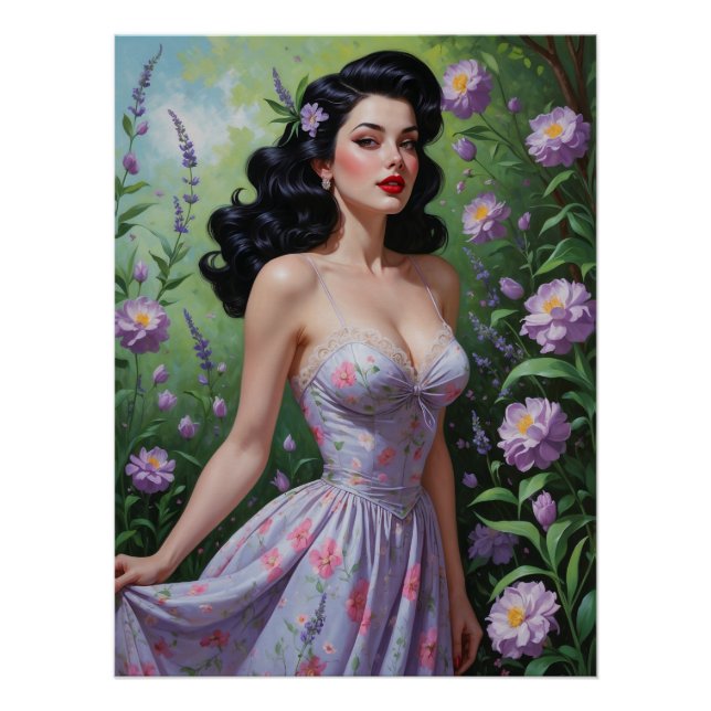 Póster Brunette Pin Up Vestido Morado Floral (Anverso)