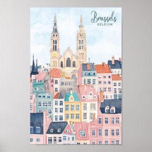 Póster Bruselas Bélgica Gouache Paint Ilustracion Viajes