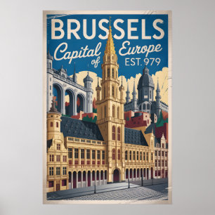 Póster Bruselas Bélgica Retorno Silueta Urbana Viajes 