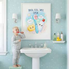Póster Brush, Floss, Flush, Wash Kids Bathroom Wall Art